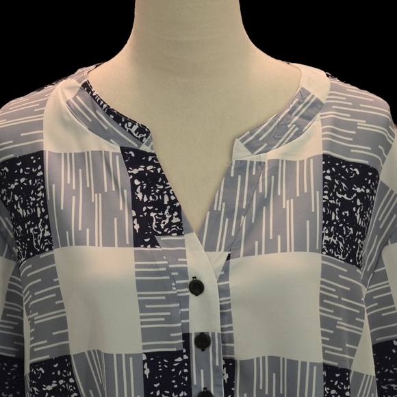 Navy & White Checkered Henley Style Button Up Print Tunic 3/4 Sleeve Women’s 3XL - Picture 4 of 10